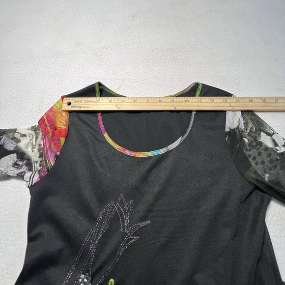 Artsy Mixed Media Patchwork Tunic Top L Black Floral Polka Dot Mesh Embellished - Picture 9 of 10